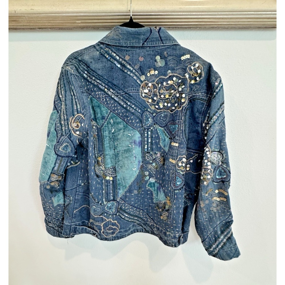 Chico's 3 Denim Jacket Cotton Blue Patchwork Embroidery Sequin Work Stunning - Picture 2 of 8